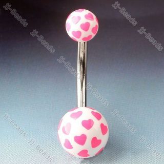 1P 14G Pink UV Plastic Heart Ball Navel Belly Button Ring Stud 