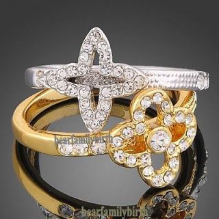 18K gold GP Swarovski crystal two rings in one finger ring R30