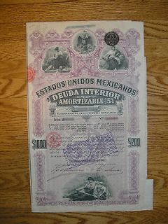 1898 Estados Unidos Mexicanos $1000 Deuda Interior Mexican bond 