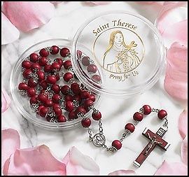 St Saint Theresa Rosary Red Bead Double Capped Rose Petal Cross 
