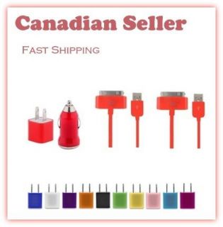 Color USB AC Home Wall + Car Charger + 2 Data Cables for iPod & iPhone
