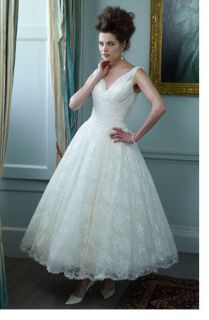 Tea Length White/Ivory bridal wedding dress Ball Gown Lace Party 