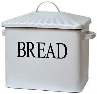 Country Primitive Enamel Bread Box With Lid White Black Distressed 