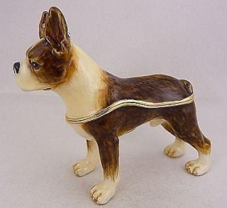 Enameled Pewter Swarovski Bejeweled Dog   Boston Terrier   Trinket Box