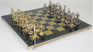 Manopoulos Poseidon Brass Chess Set & Board Package   Blue