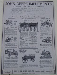 1914 JOHN DEERE CANADA AD IMPLEMENTS STATIONARY ENGINE SULKY PLOW 