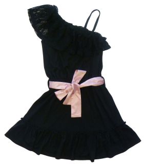 Girls Black Dress  One Shoulder/Strap with Pink Belt Sash 3,4,5,6 & 7