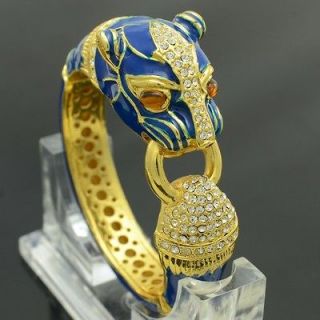 Blue Enamelled Panther Leopard Bracelet Bangle Cuff Swarovski 