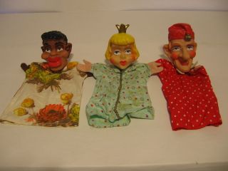 Vintage Punch and Judy Hand Puppets & RARE Jim Crow Black Servant Hand 