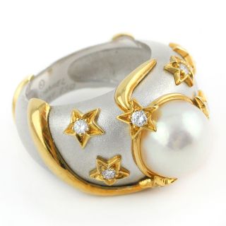   Stars Pearl and Diamond 18k White & Yellow Gold Ladies Designer Ring