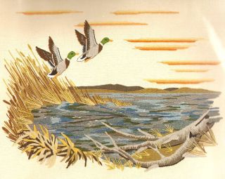   Mallards in the Wind Ducks Lake Hunting Cabin Lodge Crewel Kit