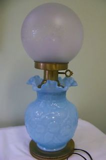   EGG BLUE GLASS APPLE BASE 1950s GWTW STYLE LAMP FROSTED ETCHED SHADE