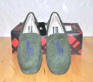 Ralph Lauren Polo Suede Leather Real Fur Mens Slippers Loafers Shoes 