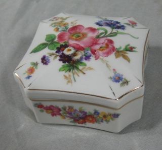   Porcelain Trinket Box w/ Colorful Florals Marked Crown M Germany