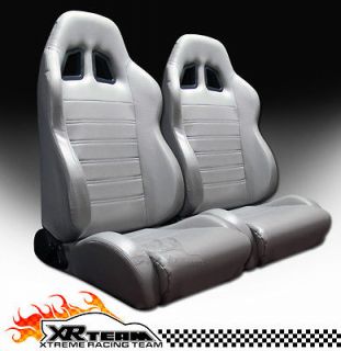 2x Universal SP Style PVC Leather Grey Racing Bucket Seats+Sliders New 