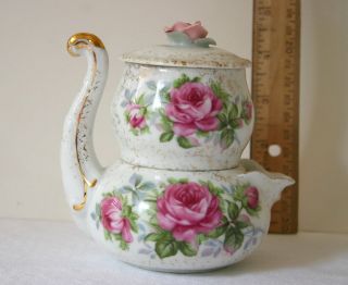Rare Lefton 3 Pc Stacking Tea Set Unique Handle Pink Roses 