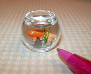Miniature Gold Fish in Bowl w/Greenery: DOLLHOUSE Miniatures Pets 1/12 
