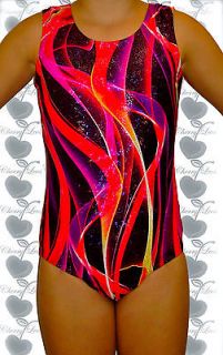 Holographic Red Abstract Gymnastics Leotard with Free Scrunchie