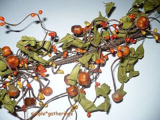   Primitive Pumpkin Pod and Pip Berry Garland w/ Green Leaves   55 long