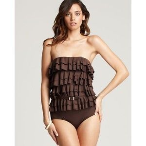 NWT $168 Michael Kors Truffle Brown Cascading Ruffle Bandeau Maillot 