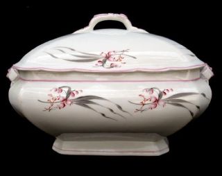 vintage ironstone covered soup tureen pink tulips 