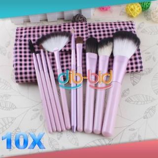   10Pcs Cosmetic Makeup Brush Pink Checkered Pouch Case Kit Brushes Set