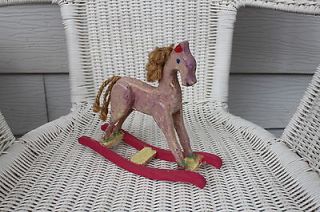   Hand Painted Pink & Yellow Wooden Wood Rocking Horse Rope Mane & Tail