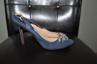 Luciano Padovan Jeweled Denim Ankle Strap Heels Shoes sz 39.5 US 9.5 