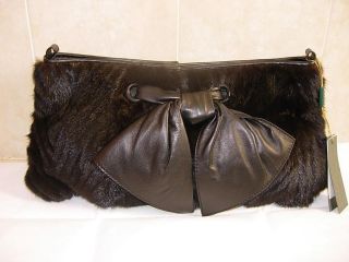 NEW $925 PAOLO MASI BLACK GENUINE MINK FUR LEATHER 2 IN1 CLUTCH 