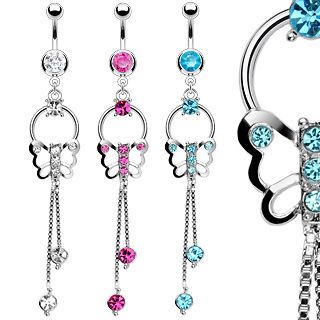 Butterfly Chain Dangle CZ Gems Belly Ring Navel Naval Clear, Pink 