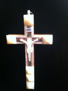   RARE COLLECTIBLE MOTHER OF PEARL OLIVE WOOD CRUCIFIX MADE IN BETHLEHEM