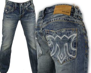 MEK Denim Jeans Mens OAXACA Straight med blue distressed oil stain 