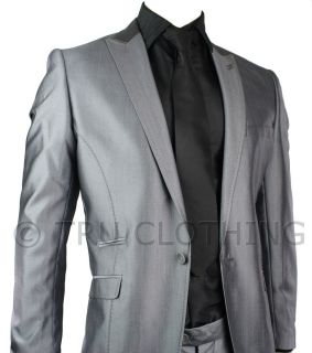 Mens Slim Fit Suit Silver Grey Shiny 1 Button Stitch Design Work Party 