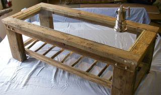 Rustic Solid Reclaimed Driftwood Glass Top Coffee Table Magazine Rack