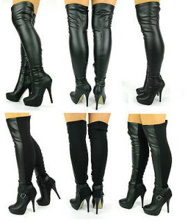 WOMENS STILLETO OVER THE KNEE STRETCH WIDE FIT BLACK THIGH HIGH BOOTS 