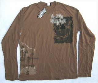   GRAVE CROSSES SIDE PRINT BROWN LONG SLEEVE SHIRT LARGE NEW SOFT