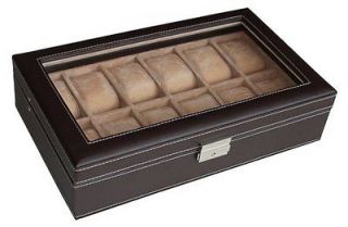  CHOCOLATE BROWN LEATHER MENS WATCH GLASS DISPLAY COLLECTOR CASE BOX