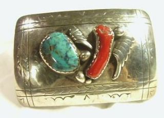   Silver Turquoise Coral Southwestern Belt Buckle Signed E & Hat Mark