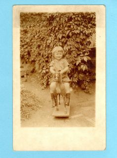 1910s old real photo postcard child w antique wooden toy