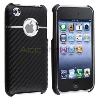 DELUXE BLACK CARBON HARD BACK CASE COVER W/ CHROME FOR APPLE iPhone 3G 