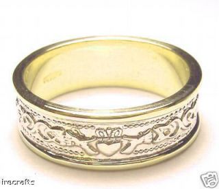 14K White Gold Mens Claddagh Celtic Wedding Band Ring Irish Made sz 10 