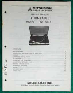 Factory Mitsubishi DP EC10 Turntable/Record Player Service/Repair 