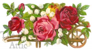 1880s Roses & Lily of the Valley in Wheelbarrow Antique French Die Cut 