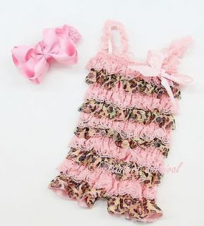 Newborn Baby Girls Light Pink Leopard Lace Petti Rompers Straps Bow 