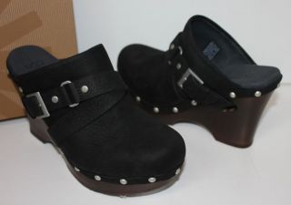 ugg natalee black nubuck leather wood clog shoes new