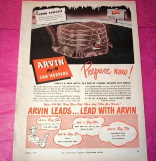 1947 VINTAGE AD ARVIN BIG FLO CAR HEATERS LEAD WITH ARVIN COOL 40s 