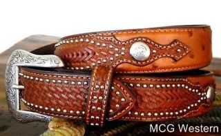 NOCONA WESTERN BROWN MENS STUDDED OSTRICH GENUINE LEATHER BELT 