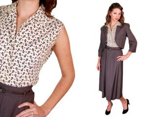 Vintage 3 Piece Ladies Day Suit Charcoal Linen 1940S Squirrell Print 