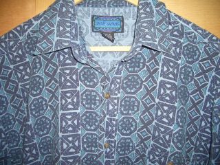 Vintage 80s Shah Safari Mens Retro Mod Blue Geometric Cotton Shirt M