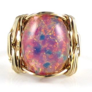 harlequin fire opal glass cab ring 14k rolled gold one